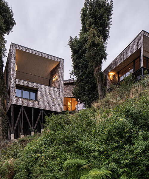 shingle-clad MM house by benjamin goñi arquitectos bridges the forested slopes of chile