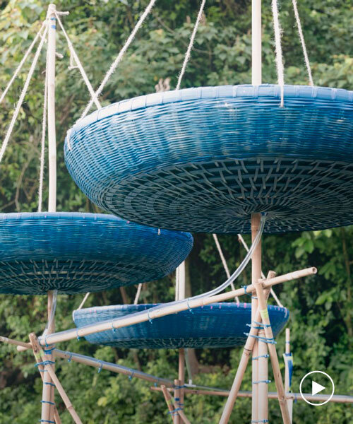 five blue water droplet baskets by canalside studio harvest rainwater in rural hong kong