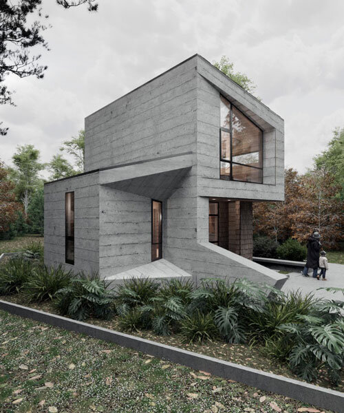 celva arquitectura's concrete silvestre shelter resembles a mineral set in chilean rainforest