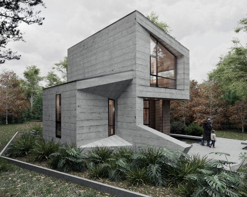 celva arquitectura's concrete silvestre shelter resembles a mineral set in chilean rainforest