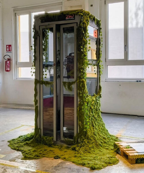 AI voice agent embeds within moss-covered phone booth at milan design week