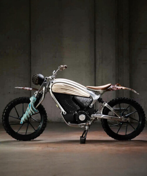 art motorbike wrapped with stone, walnut and resin debuts from royal enfield’s flying flea