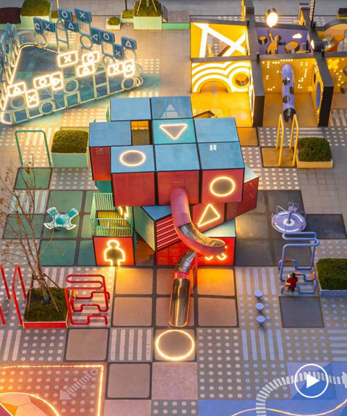 layered geometric rubix square by 100architects blends play installations with lighting